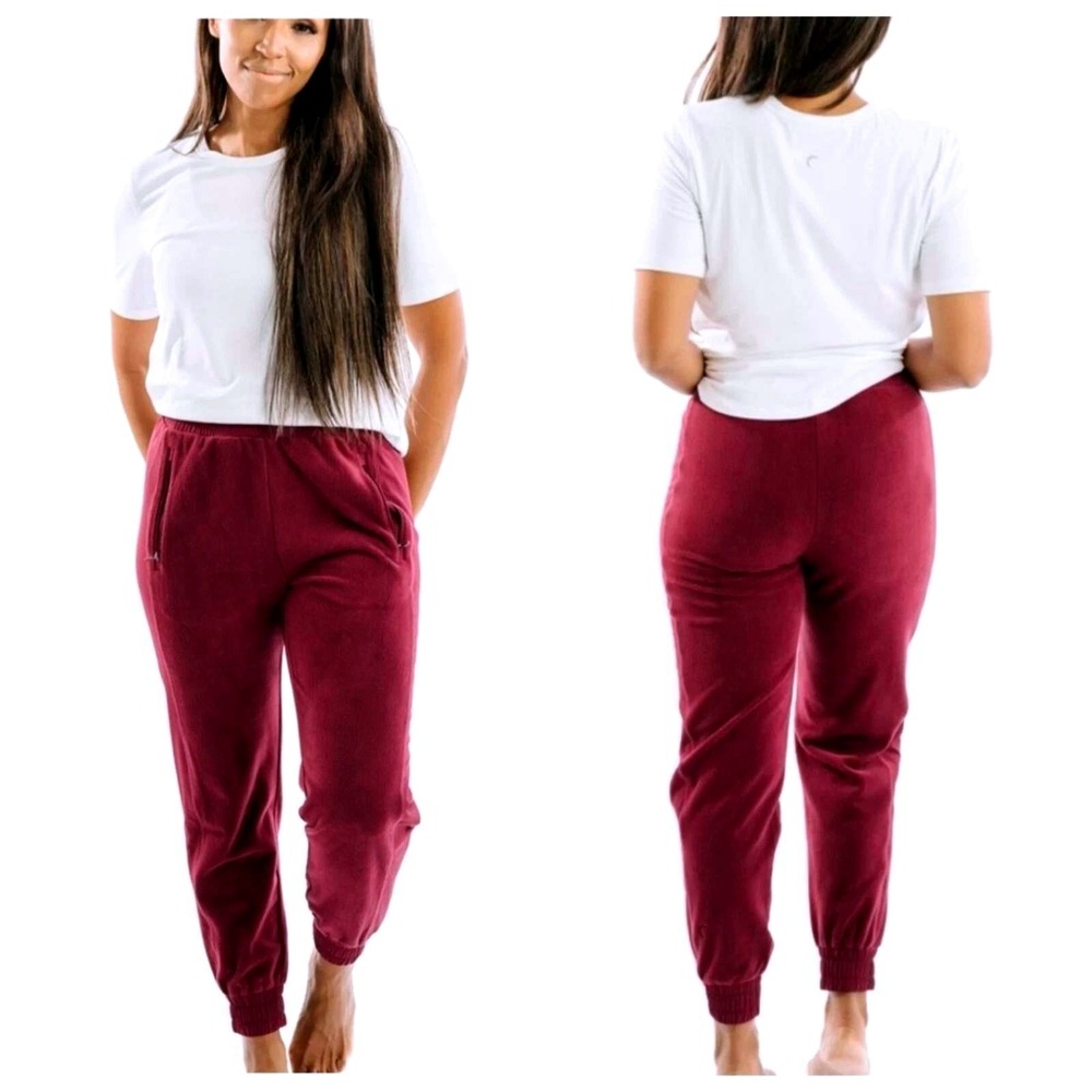ZYIA ACTIVE Burgundy‎ Velour Jogger Sweatpants Womens XL Zipper Pockets Cozy - Picture 2 of 9